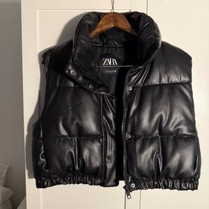 ZARA Black Faux Leather Puffer Vest